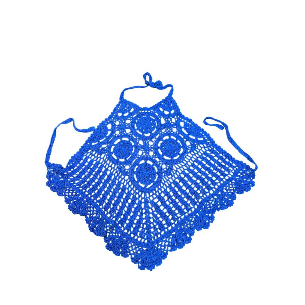 Handmade Boho Festival Crochet Halter Top Blouse- Ties- Deep Blue- OS- 28x21"